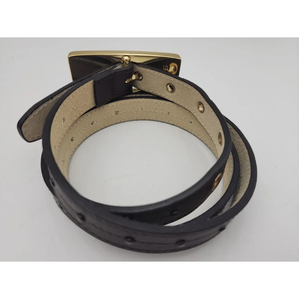 Vintage Chico's Skinny Belt Wood & Brass Rectangle Statement Buckle 35